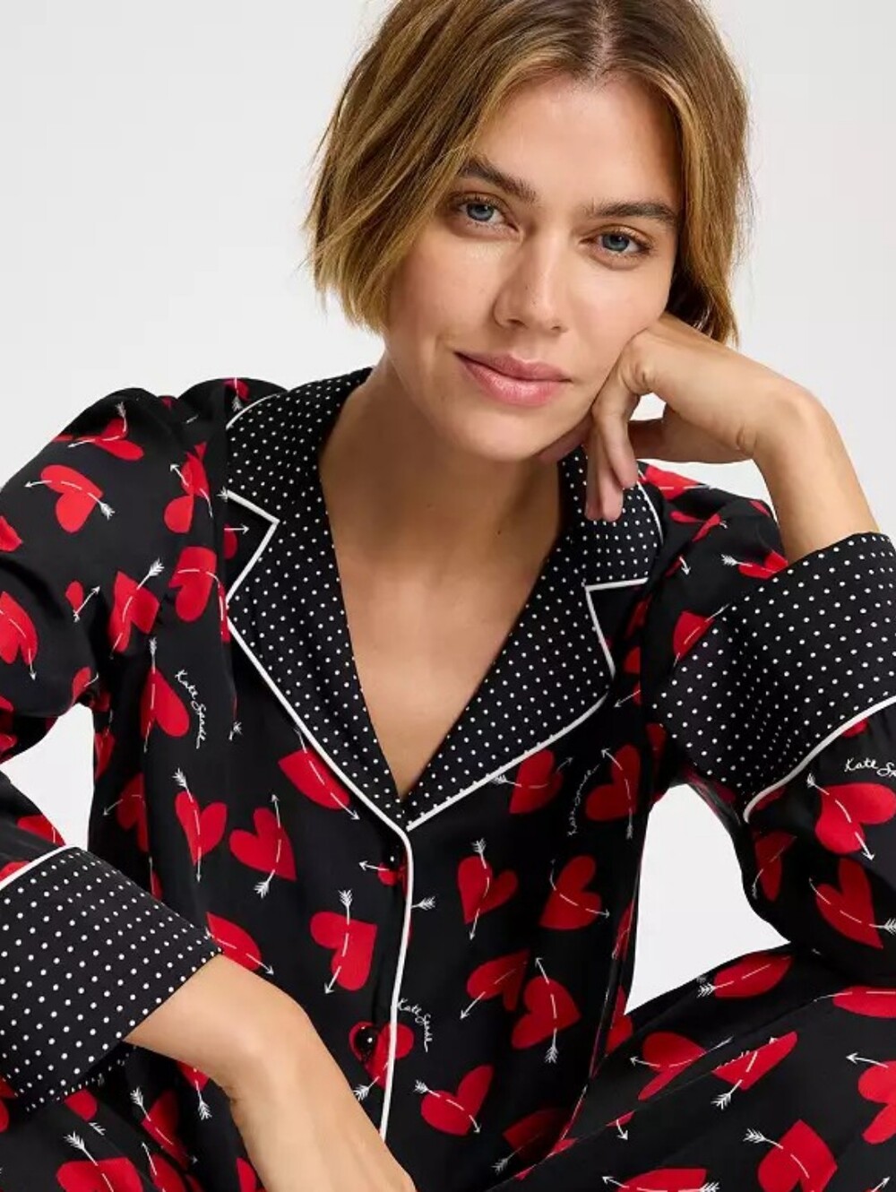 Kate Spade Cupid Hearts Satin Pajama Set w/ Hearts & Arrows, Size S - NOVELTY!